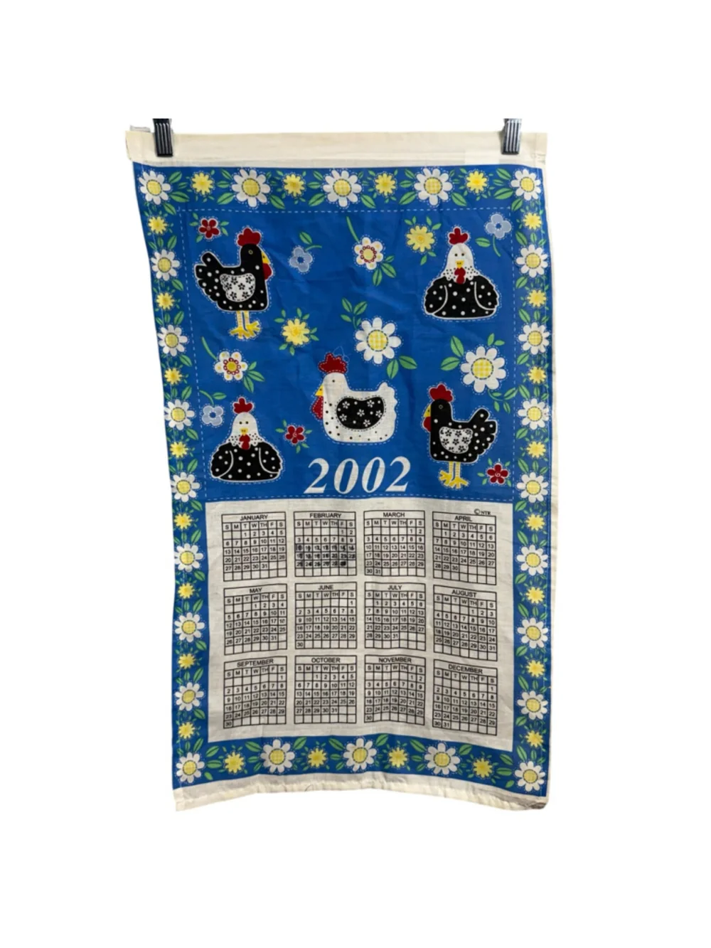 Vintage 2002 Chicken Rooster Calendar Tea Towel Blue Floral Cotton Kitchen Towel